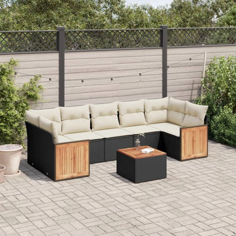 Sofasæt til haven 8 dele i sort polyrattan med hynder