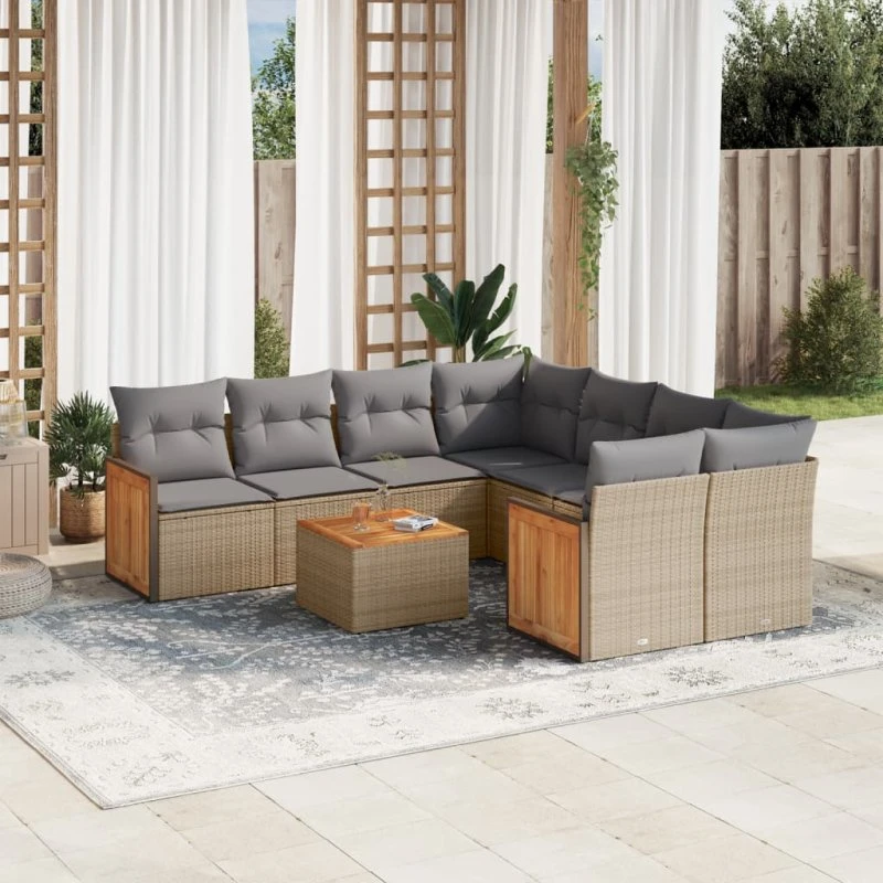 Havesofasæt 9 dele i beige polyrattan med hynder