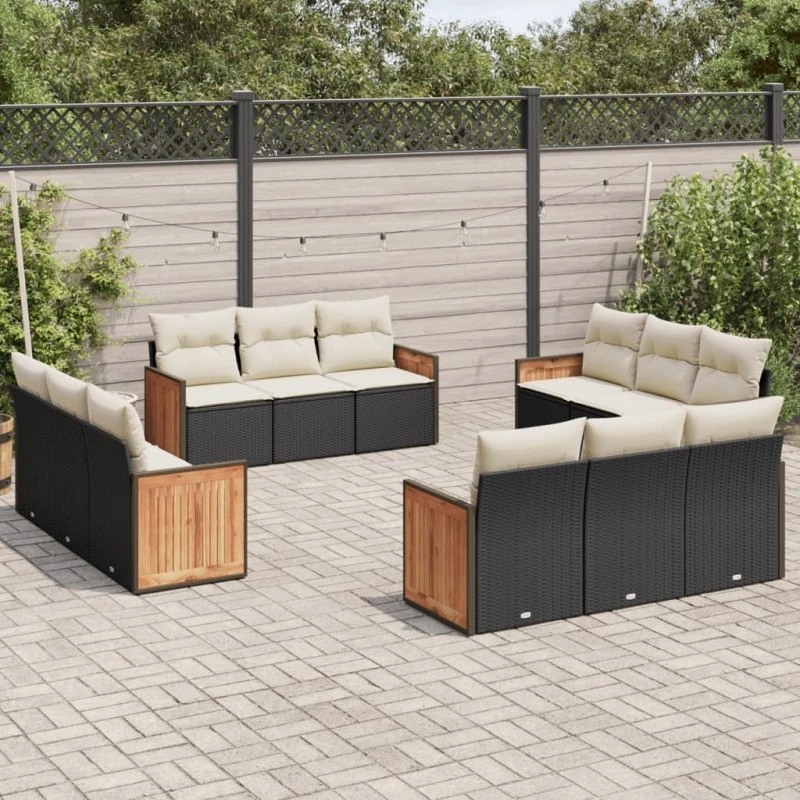 Havesofasæt 12 dele i sort polyrattan med hynder