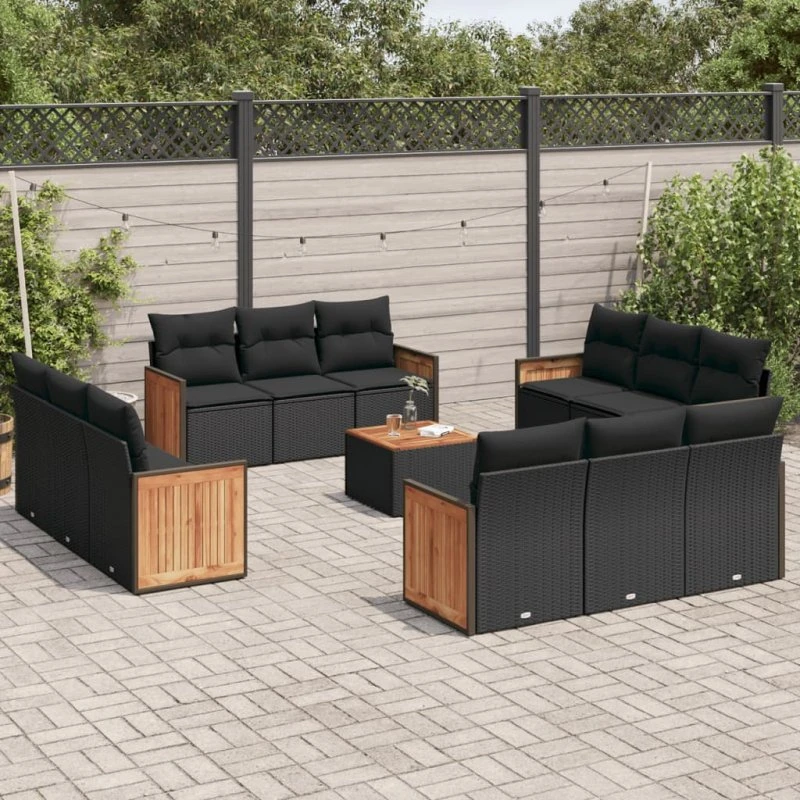 Havesofasæt 13 dele polyrattan sort med hynder