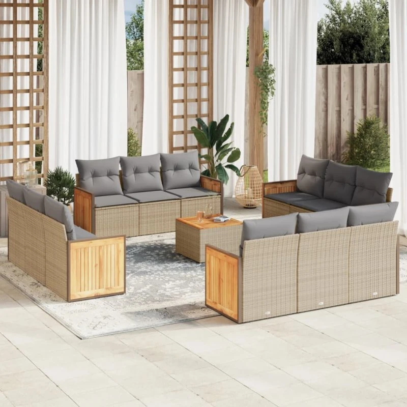 Havesofasæt 13 dele i beige polyrattan med hynder