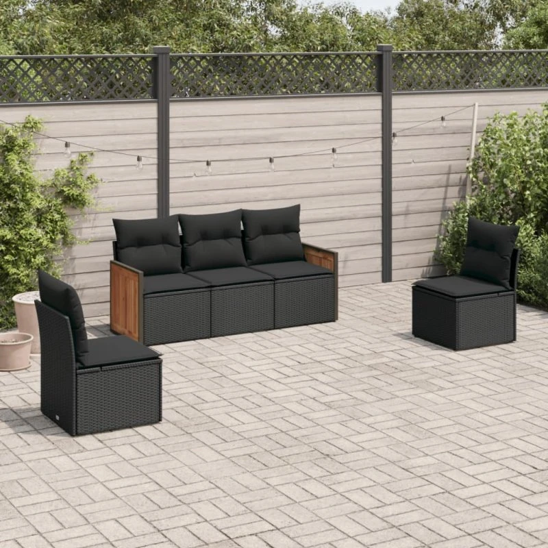Havesofasæt 5 dele i polyrattan med hynder - sort