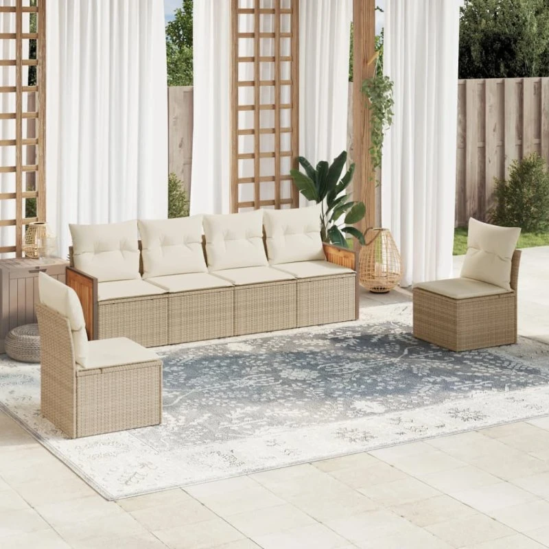 Sofasæt til haven 6 dele i beige polyrattan med hynder