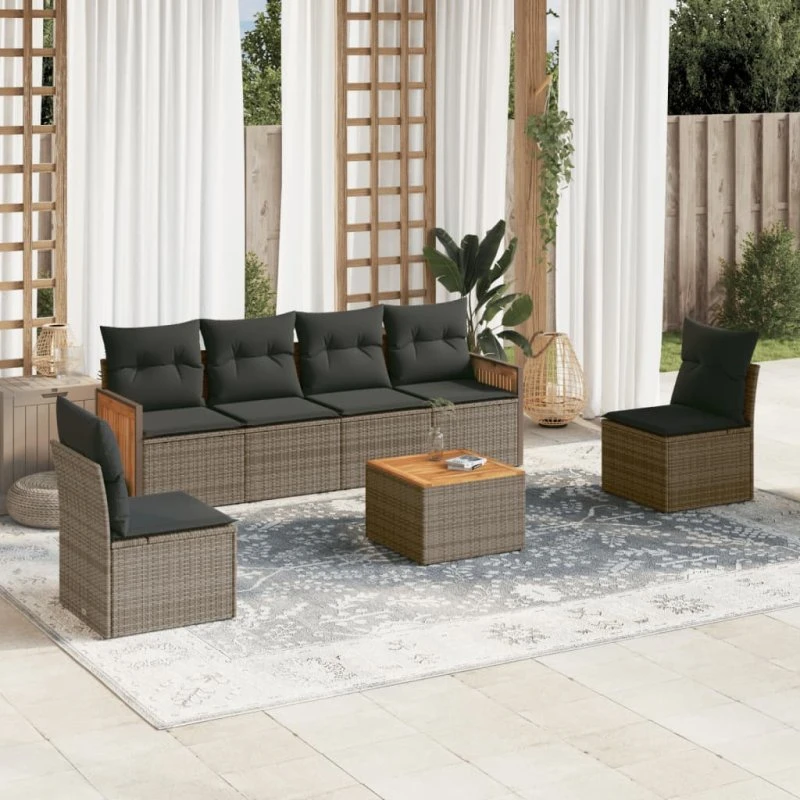 Havesofa sæt 7 dele i grå polyrattan med hynder