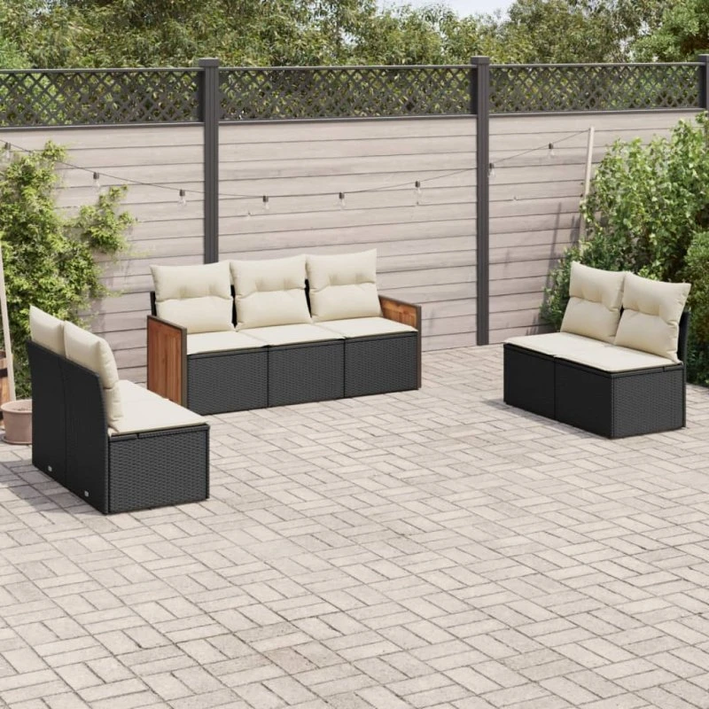 Havesofasæt 7 dele i sort polyrattan inkl. hynder