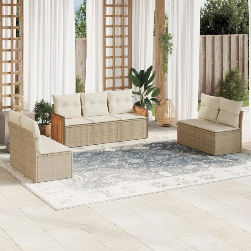 Havesofasæt 7 dele i beige polyrattan med hynder