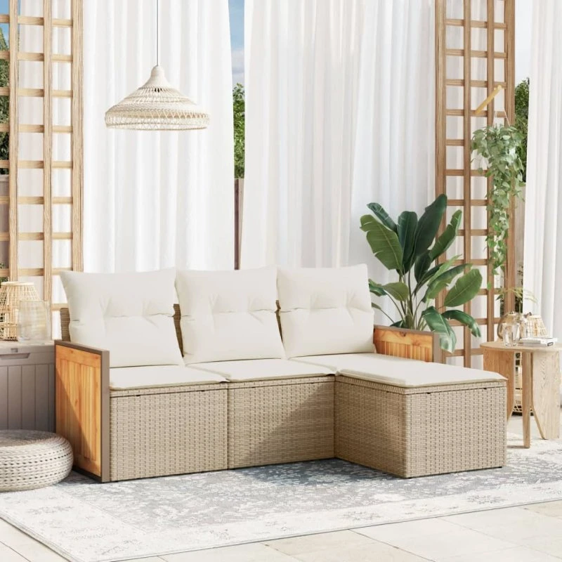 Havesofasæt 4 dele i polyrattan med hynder – beige