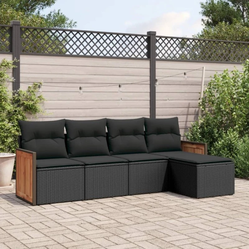 Havesofasæt 5 dele i polyrattan med hynder - sort