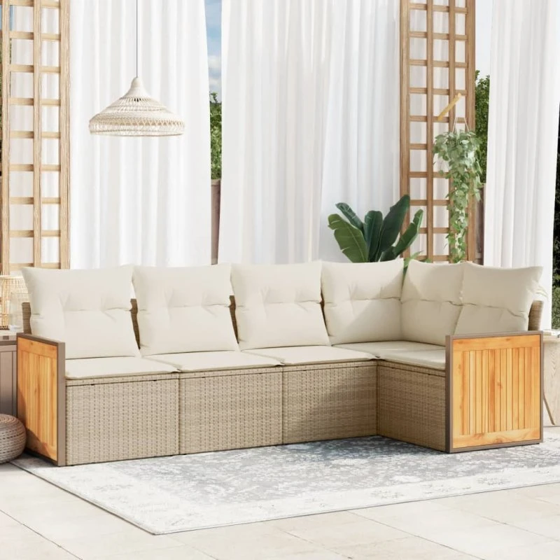 Havesofasæt 5 dele i beige polyrattan med hynder