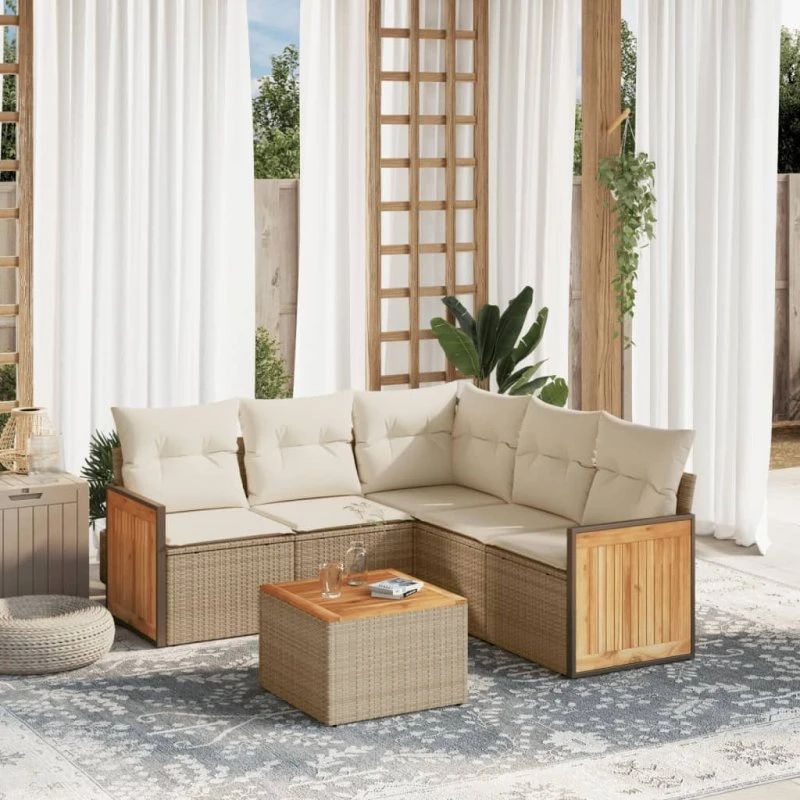 Havesofasæt 6 dele i polyrattan med hynder – beige