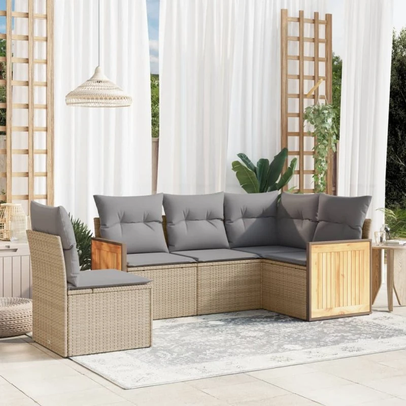 Havesofasæt 5 dele i polyrattan beige med hynder