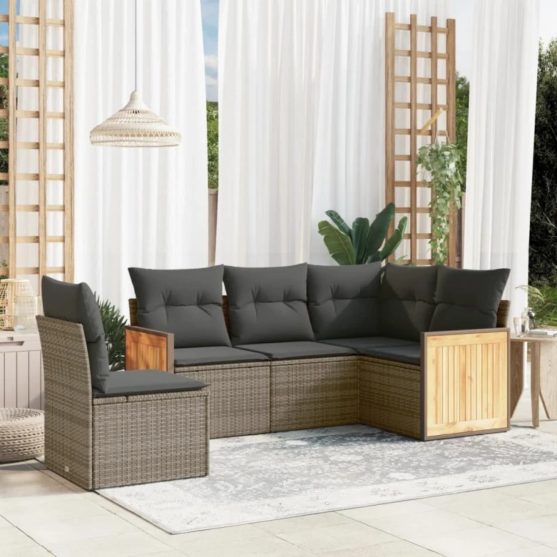 Havesofasæt 5 dele i polyrattan – grå med hynder
