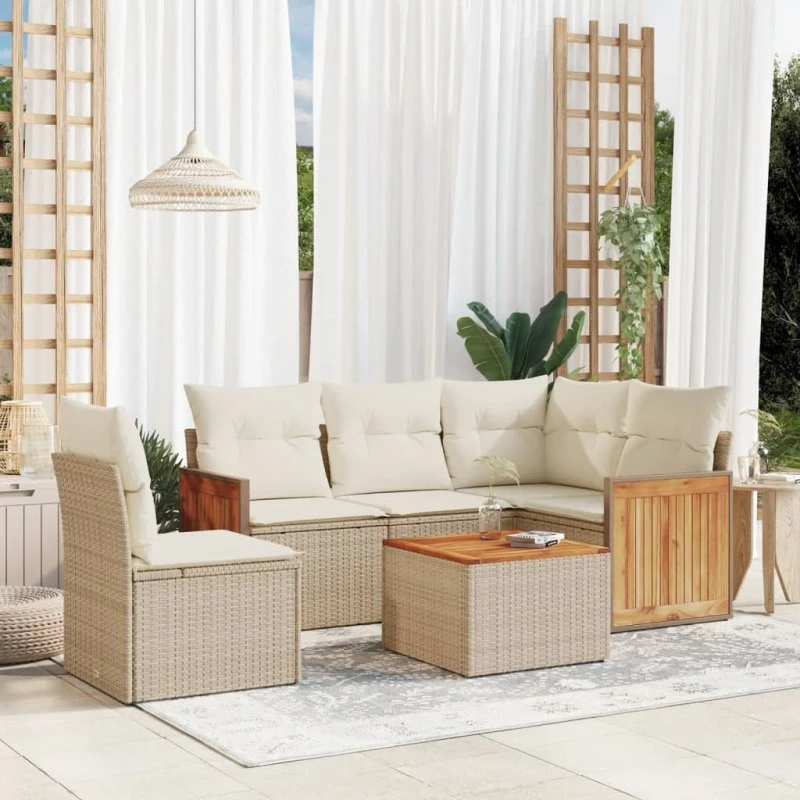 Havesofasæt 6 dele i polyrattan med hynder - beige