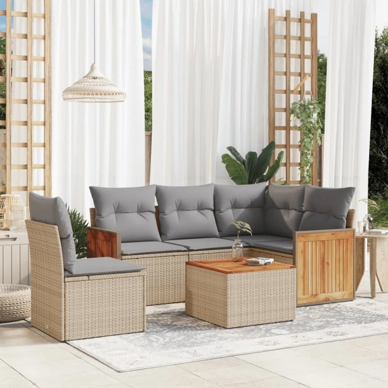 6-delt polyrattan sofasæt til have med hynder, beige
