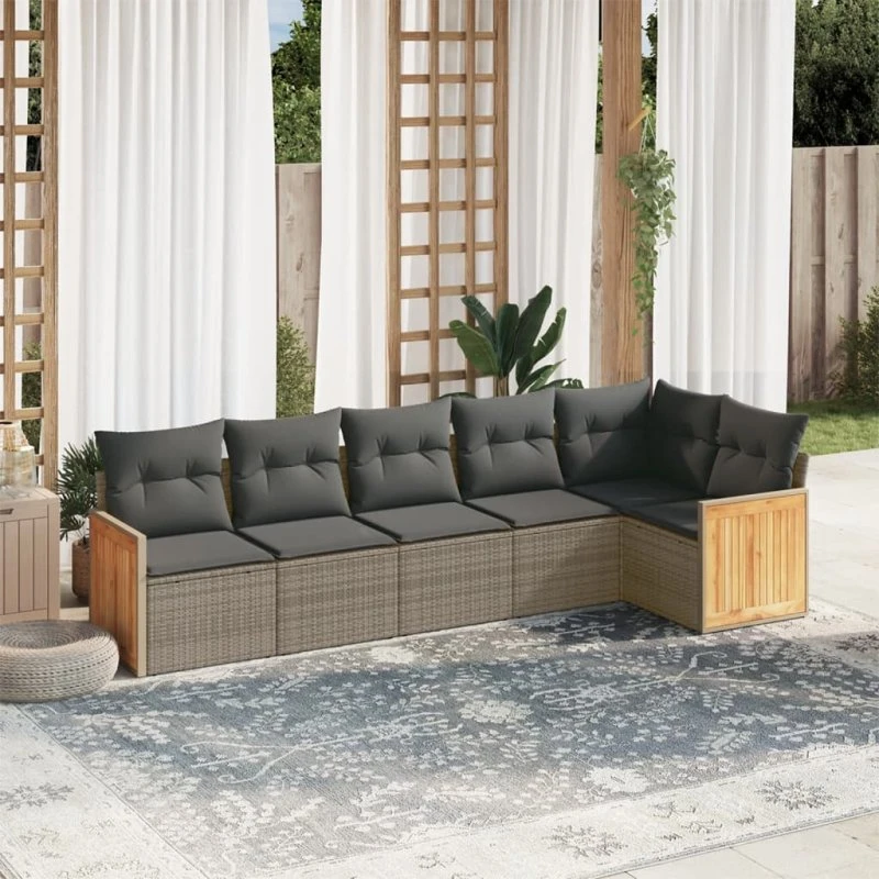 Havesofasæt 6 dele i polyrattan med hynder, grå