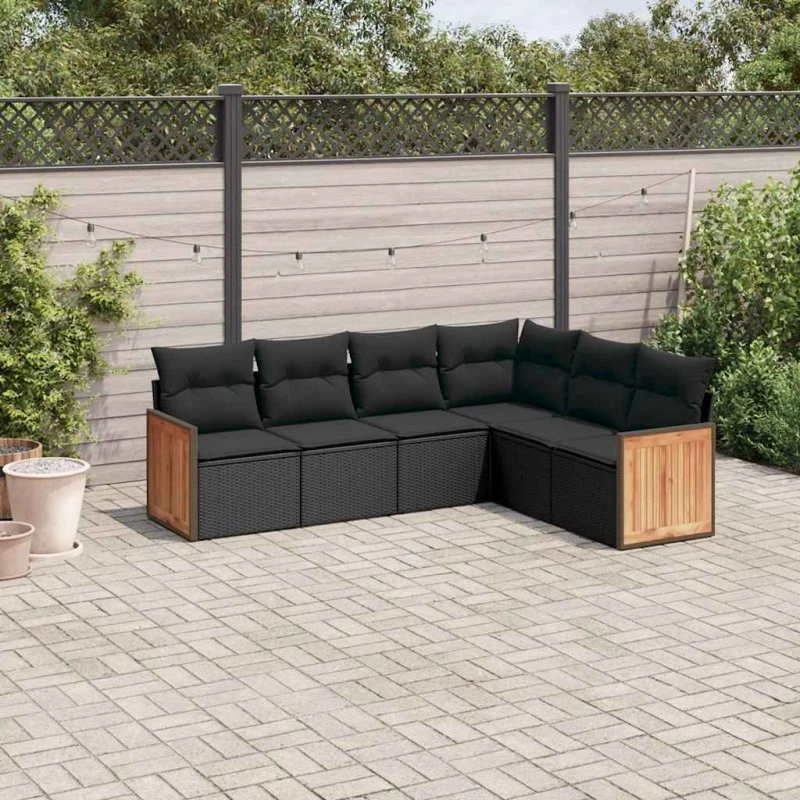 Havesofasæt 6 dele sort polyrattan med hynder