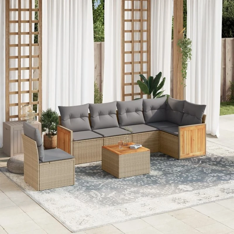 7-dele havemøbelsæt i polyrattan med hynder, beige