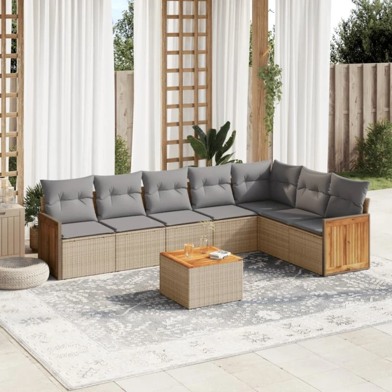 Havesofasæt 8 dele i polyrattan med hynder – beige