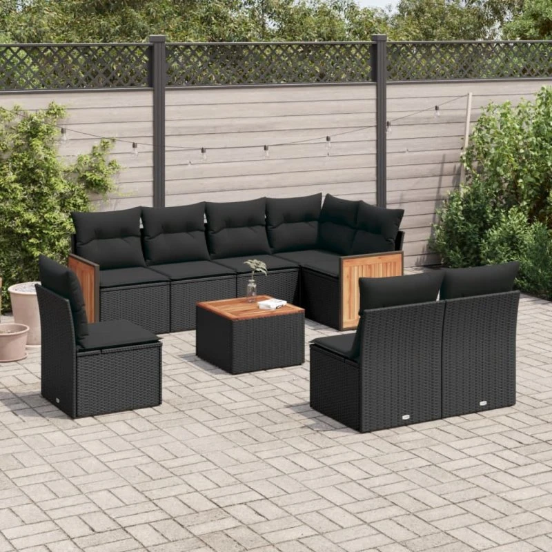 9-del polyrattan sofasæt til haven med hynder – sort