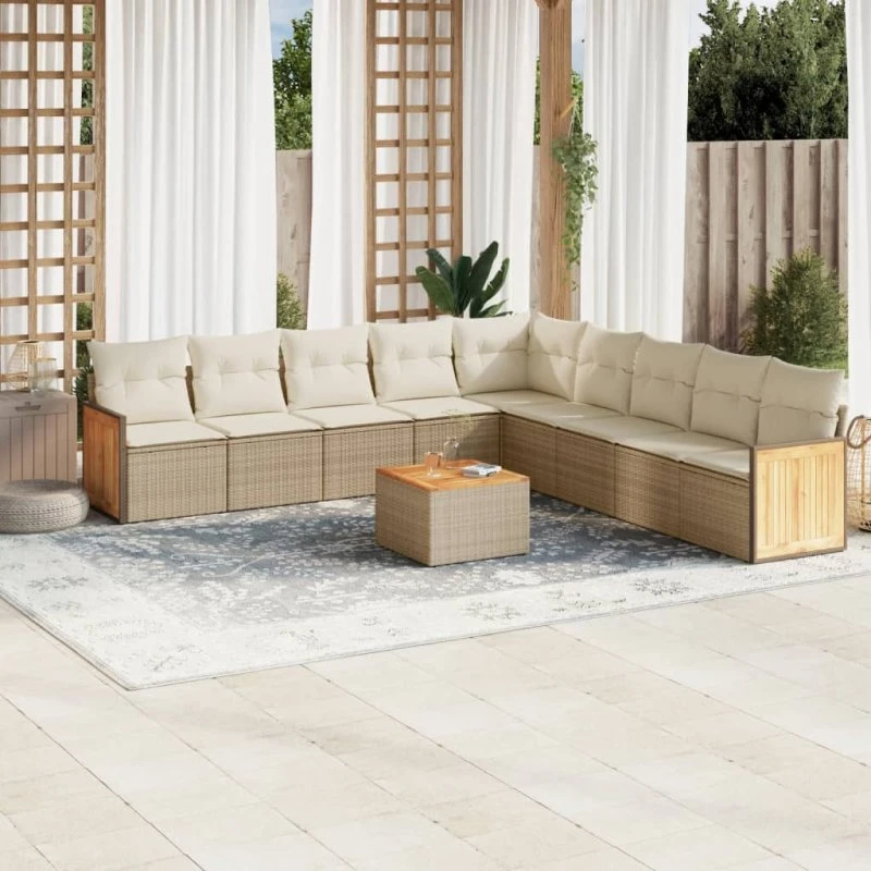 Havesofasæt 10 dele i polyrattan med hynder - beige