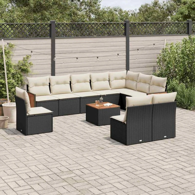 Havesofasæt 11 dele i sort polyrattan inkl. hynder