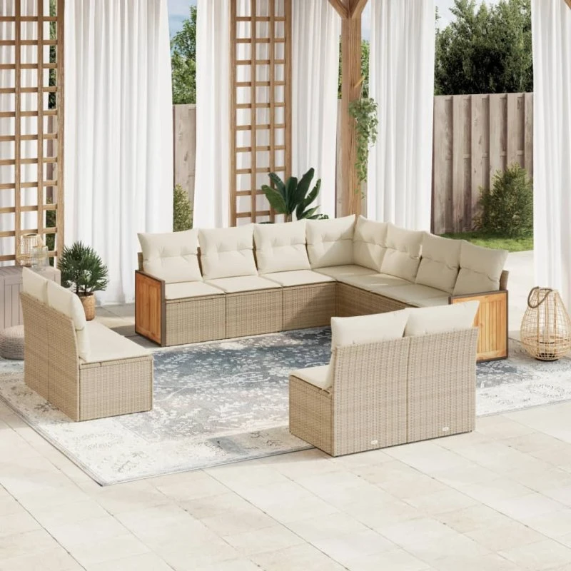 Havesofasæt 11 dele i beige polyrattan med hynder