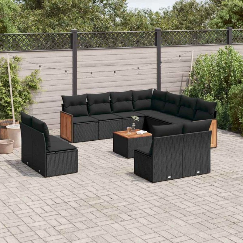 Havesofasæt 12 dele i sort polyrattan med hynder