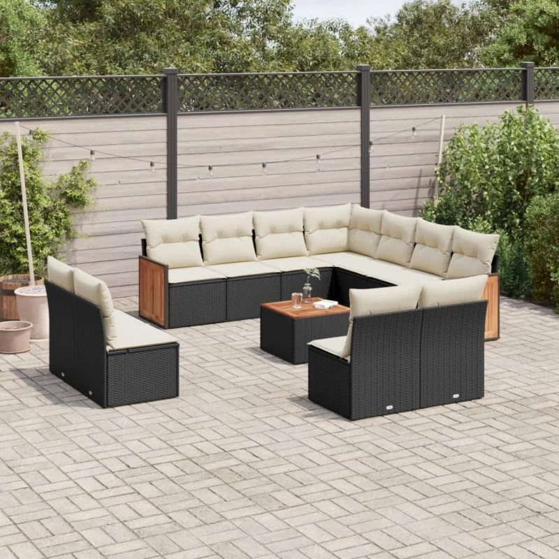 Havesofasæt 12 dele i sort polyrattan med hynder