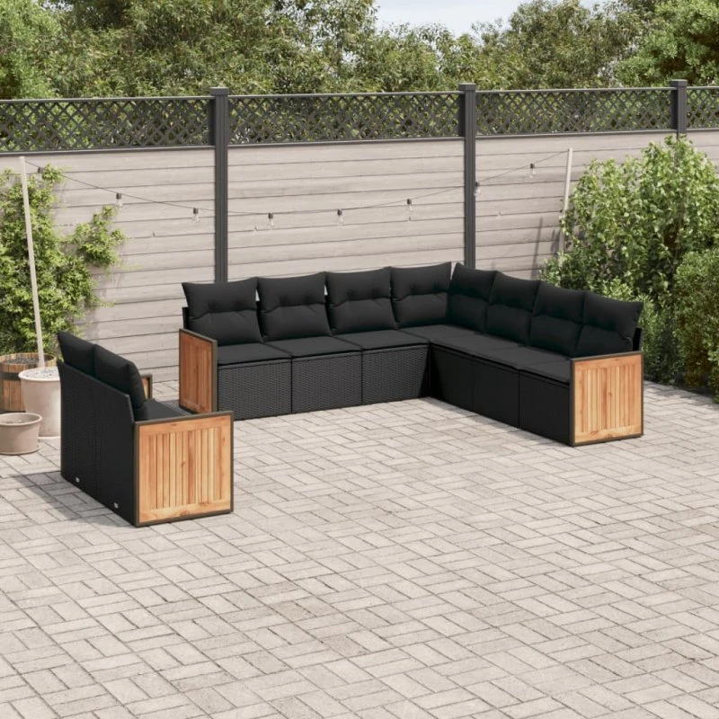 Havesæt 9 dele i sort polyrattan med hynder