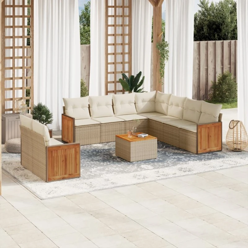 Havesofasæt 10 dele i polyrattan med hynder, beige