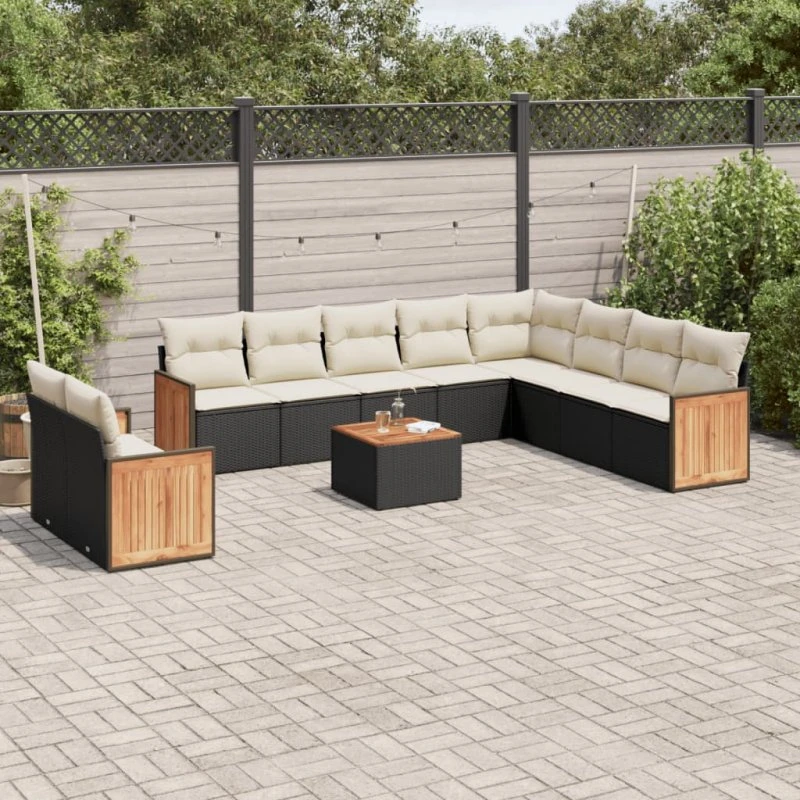 Havesofasæt 11 dele polyrattan med hynder, sort