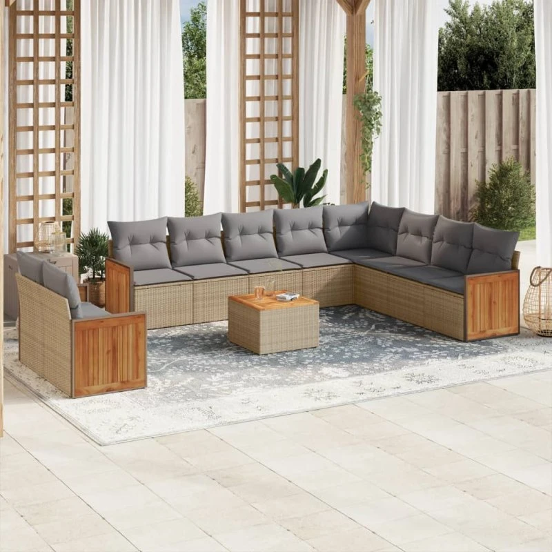 Havesofasæt 11 dele i beige polyrattan med hynder