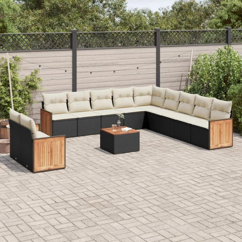 Havesofasæt 12 dele i sort polyrattan med hynder