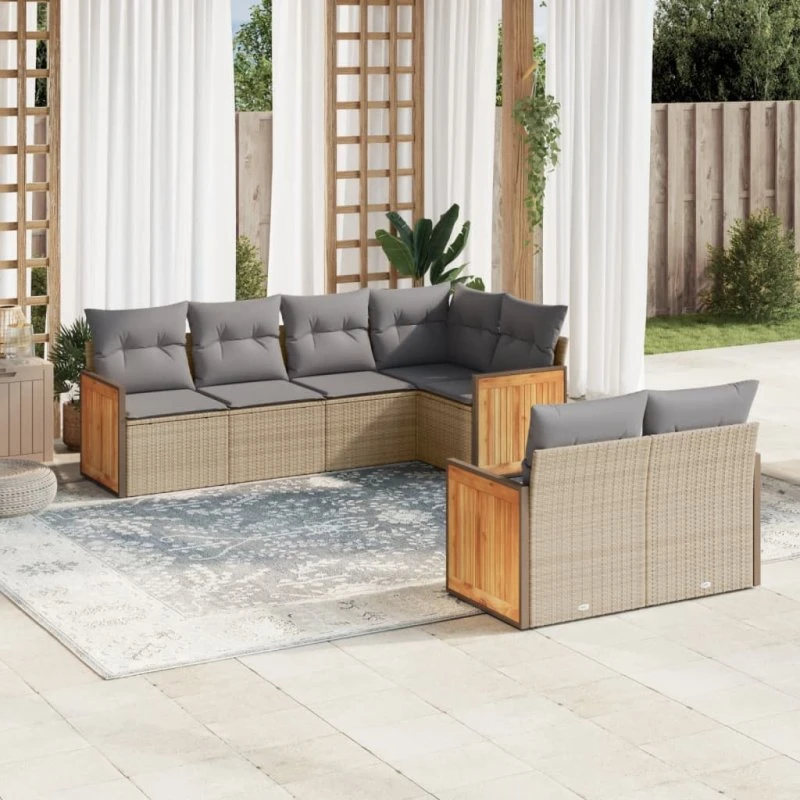 7-dele havemøbelsæt i polyrattan med hynder, beige