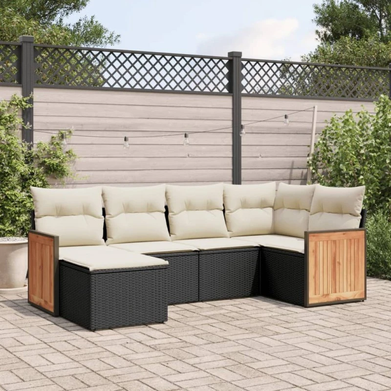 Havesofasæt 6 dele i sort polyrattan med hynder