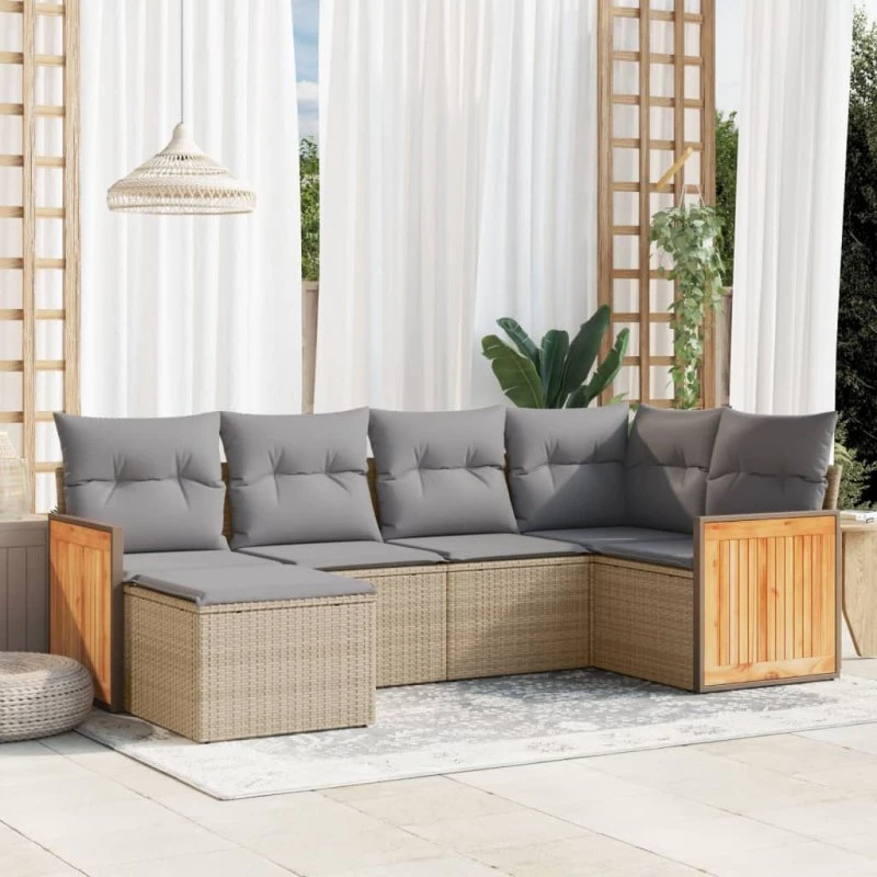 Sofasæt til haven 6 dele i beige polyrattan med hynder