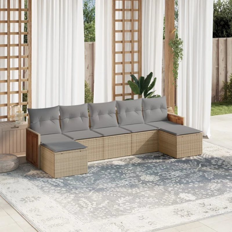 Havesofasæt 7 dele i polyrattan med hynder, beige