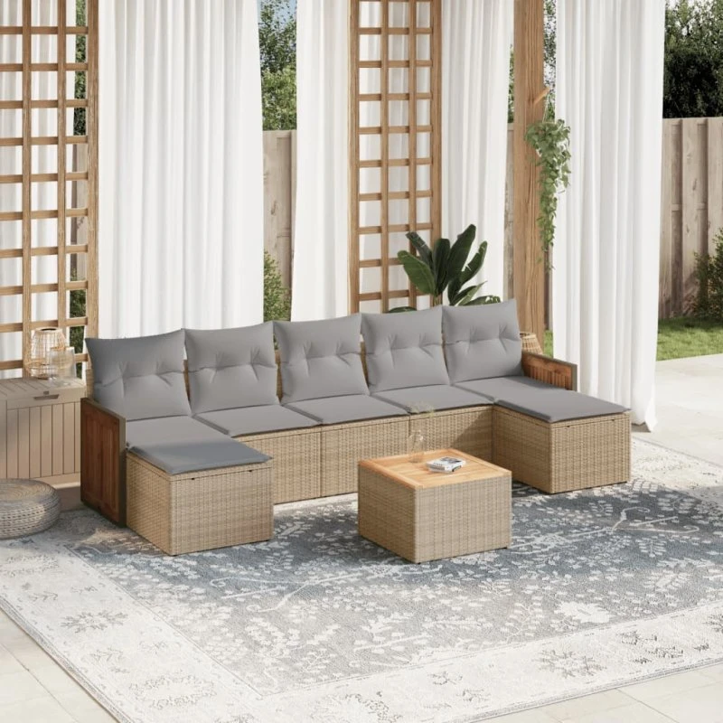 Havesofasæt 8 dele i polyrattan med hynder, beige