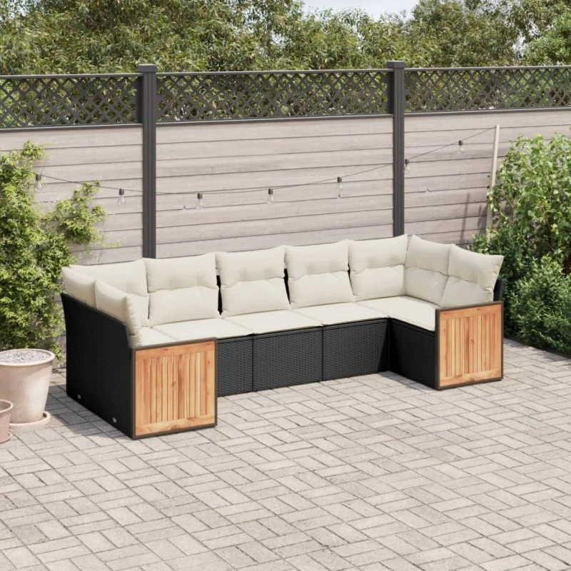 Havesofasæt 7 dele i sort polyrattan med hynder