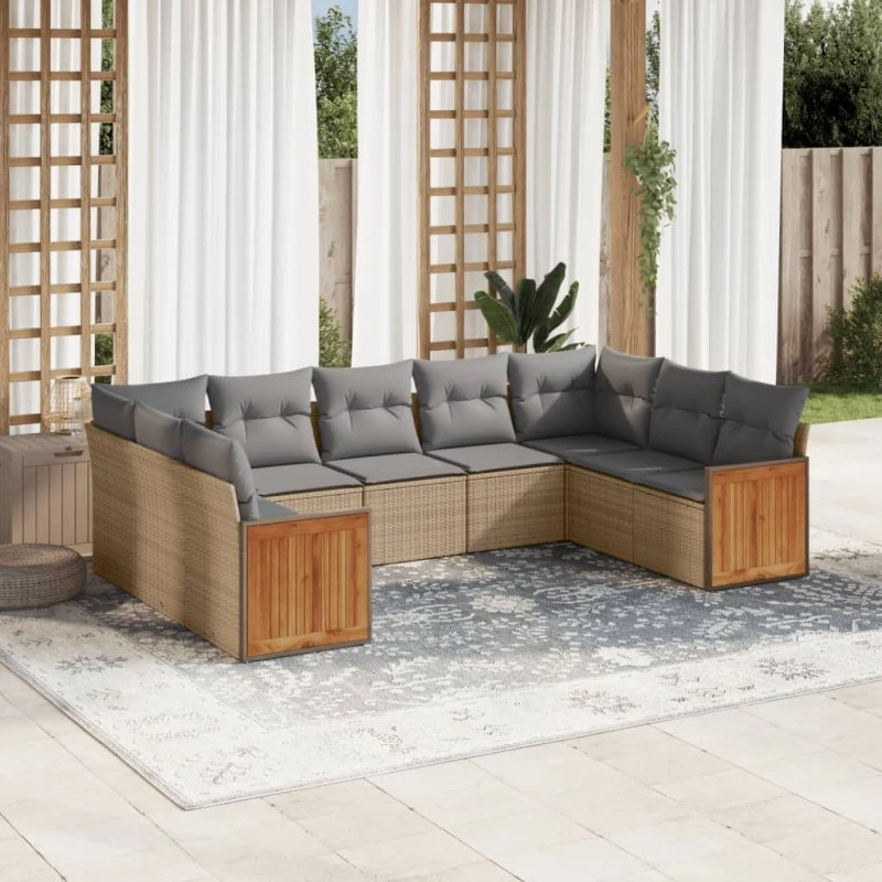 9-delers havemøbelsæt i polyrattan med hynder – beige