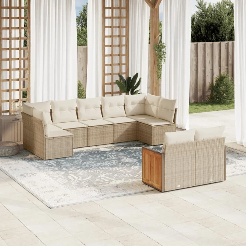 Havesofasæt 9 dele i beige polyrattan med hynder