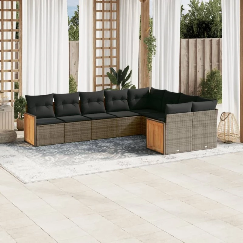 Havesofa sæt 9 dele i grå polyrattan med hynder
