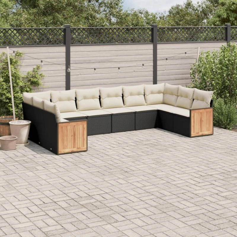 Havesofasæt 10 dele i sort polyrattan med hynder