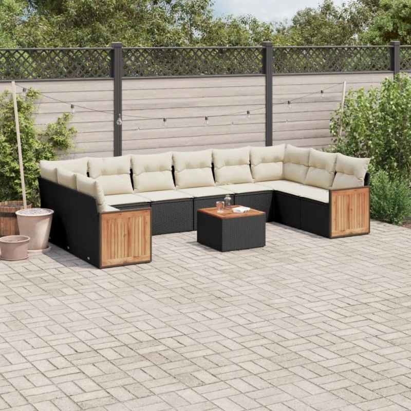 Havesofasæt 11 dele i sort polyrattan inkl. hynder