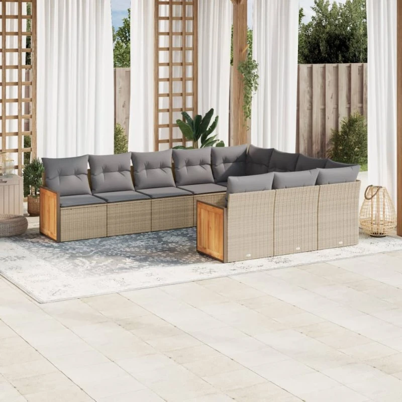Havesofasæt 10 dele i polyrattan med hynder, beige