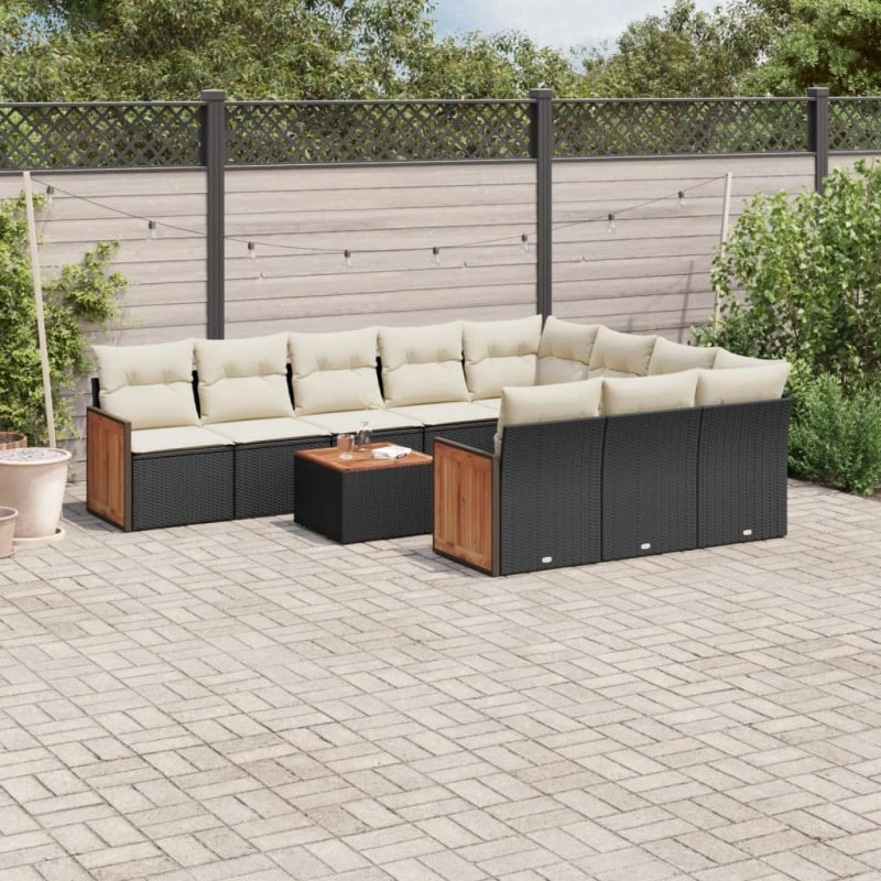11-delers havesofasæt i sort polyrattan med hynder