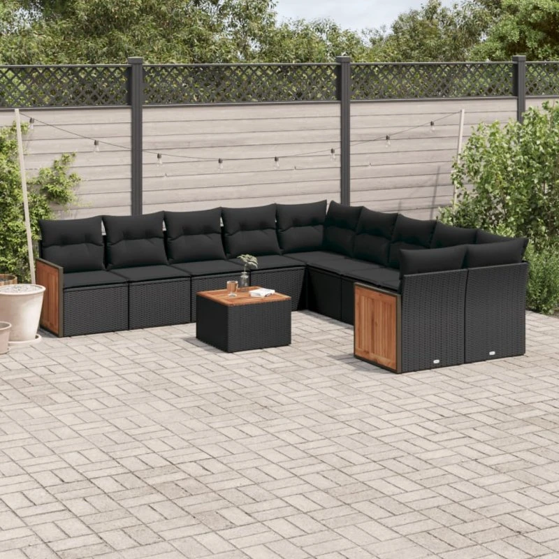 Havesofasæt 11 dele i polyrattan med hynder - sort