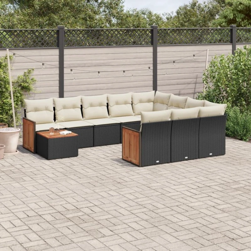 Havesofasæt 11 dele i polyrattan med hynder - sort