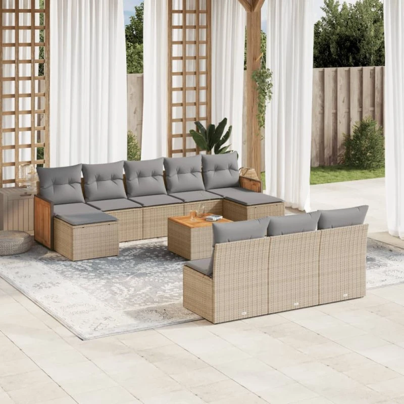 Havesofasæt 11 dele i polyrattan med hynder, beige