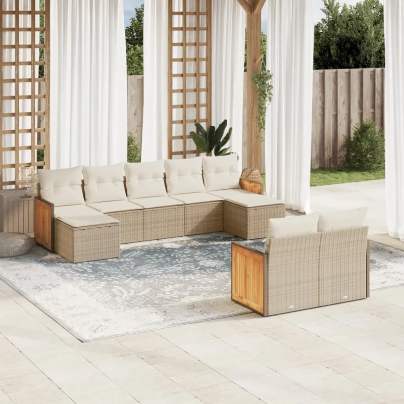 9-dele havemøbelsæt i polyrattan med hynder – beige